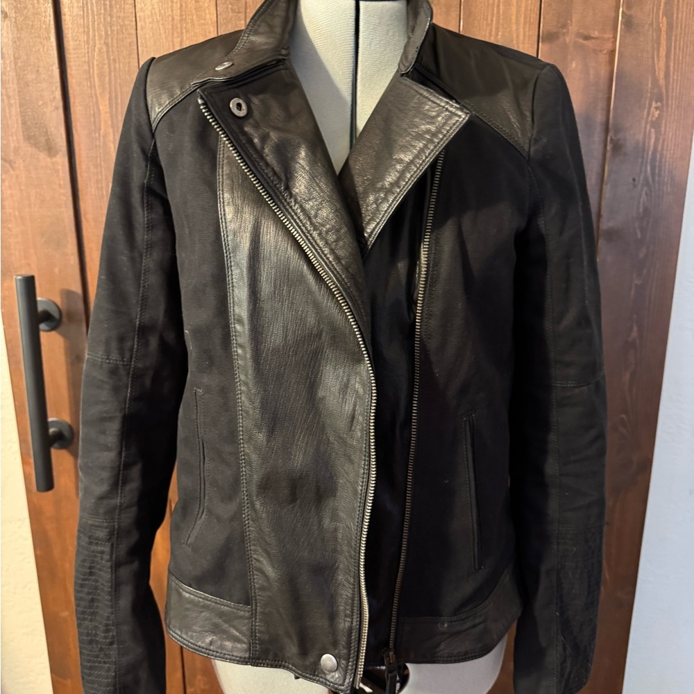 Lucky Brand Jacket Black Full Zip Moto Canvas And Leather S Small